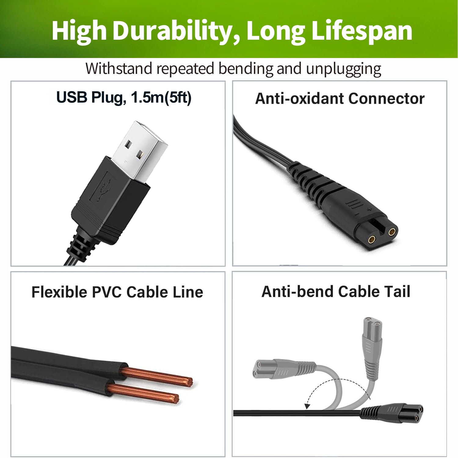 LONNKY USB charger cord for RSCX-7568-9598, reliable power for daily grooming.