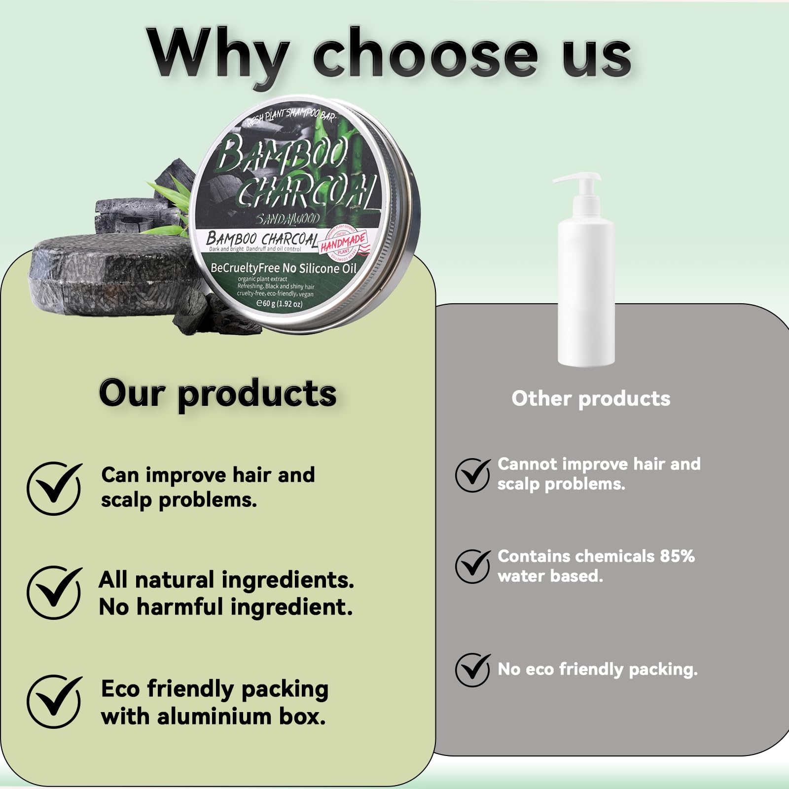 Loobexery bamboo charcoal shampoo bar enriched with shea butter and olive oil for nourishment.