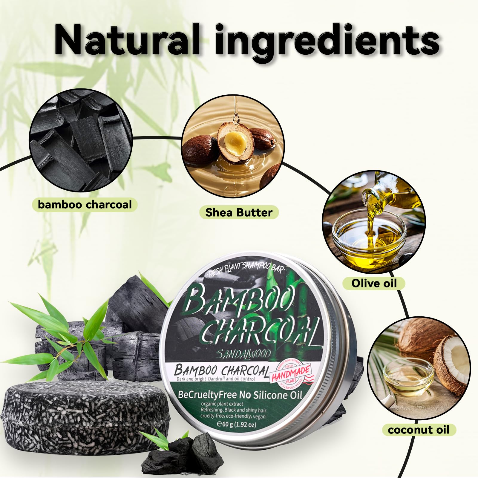 Loobexery bamboo charcoal shampoo bar ingredients closeup shows nourishing oils for scalp health.
