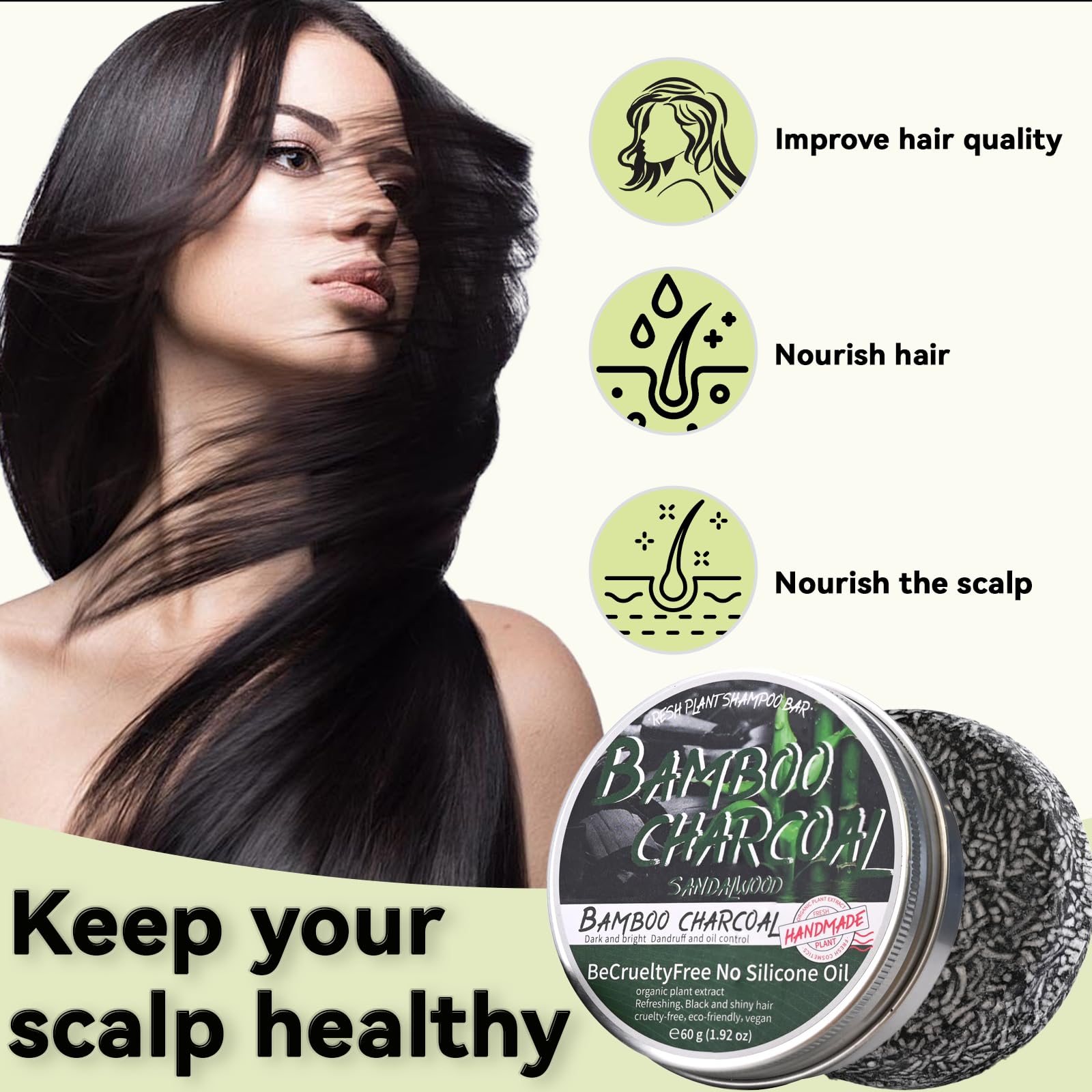 Loobexery shampoo bar on damp hair demonstrates easy massage and gentle cleansing.