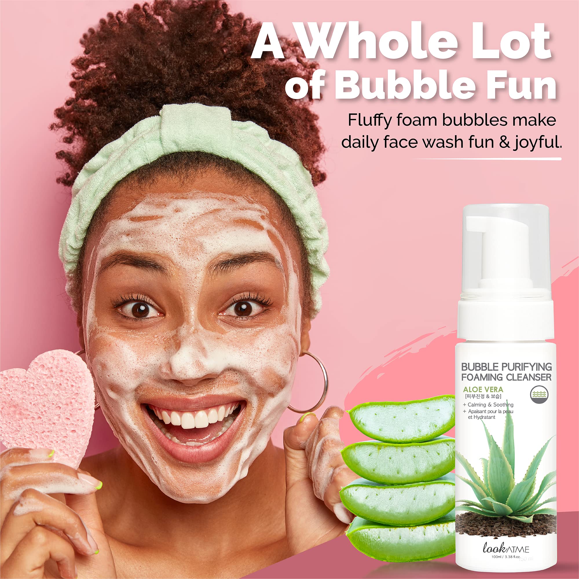 LOOKATME Aloe Vera Foam Cleanser demonstrating gentle massage for sensitive skin.