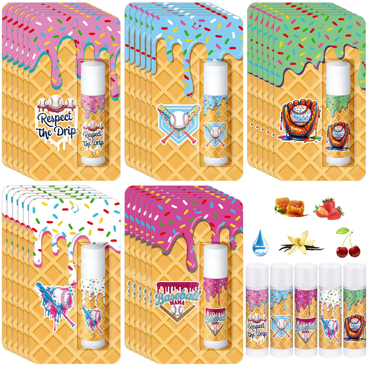 Loopeer baseball cream drip lip balm collection for team gifts and party favors.