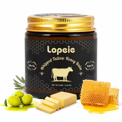Lopeie beef tallow honey balm jar close-up with whipped texture for hydration.