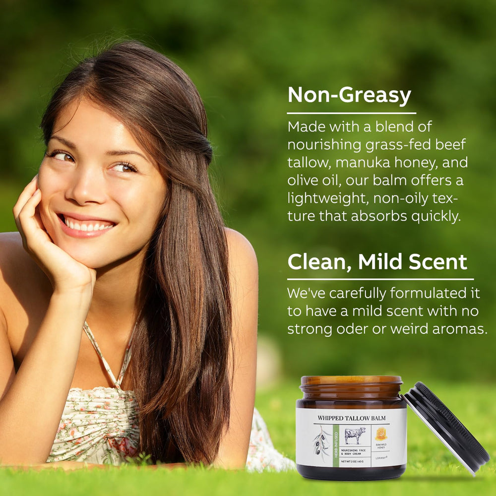 LOPIANY grass-fed tallow-honey bottle emphasizes premium skincare ingredients.
