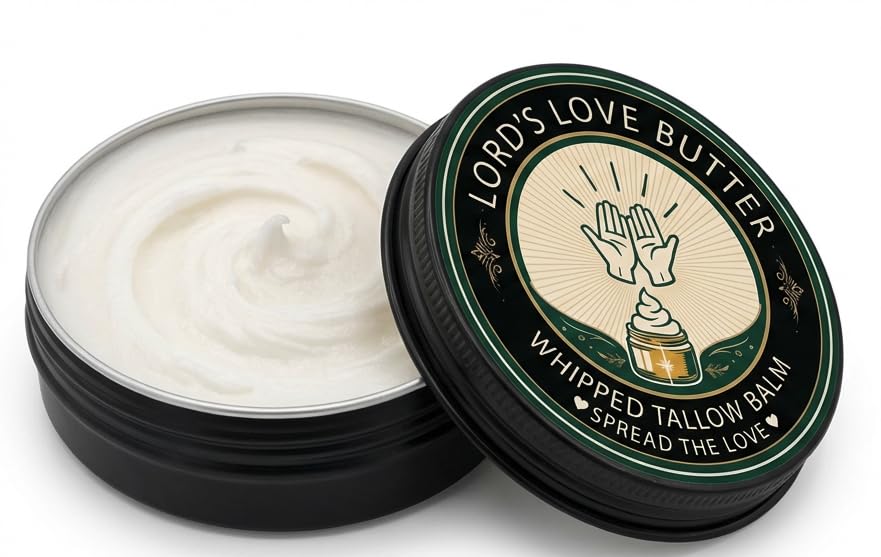 Lord's Love Butter tallow balm in a 2.4 oz tin showing rich moisture