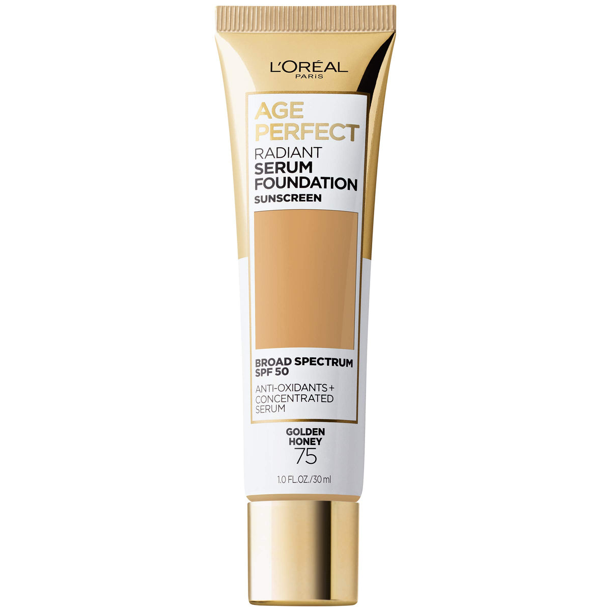 L'Oreal Paris Age Perfect Radiant Serum Foundation bottle with SPF 50 for mature skin