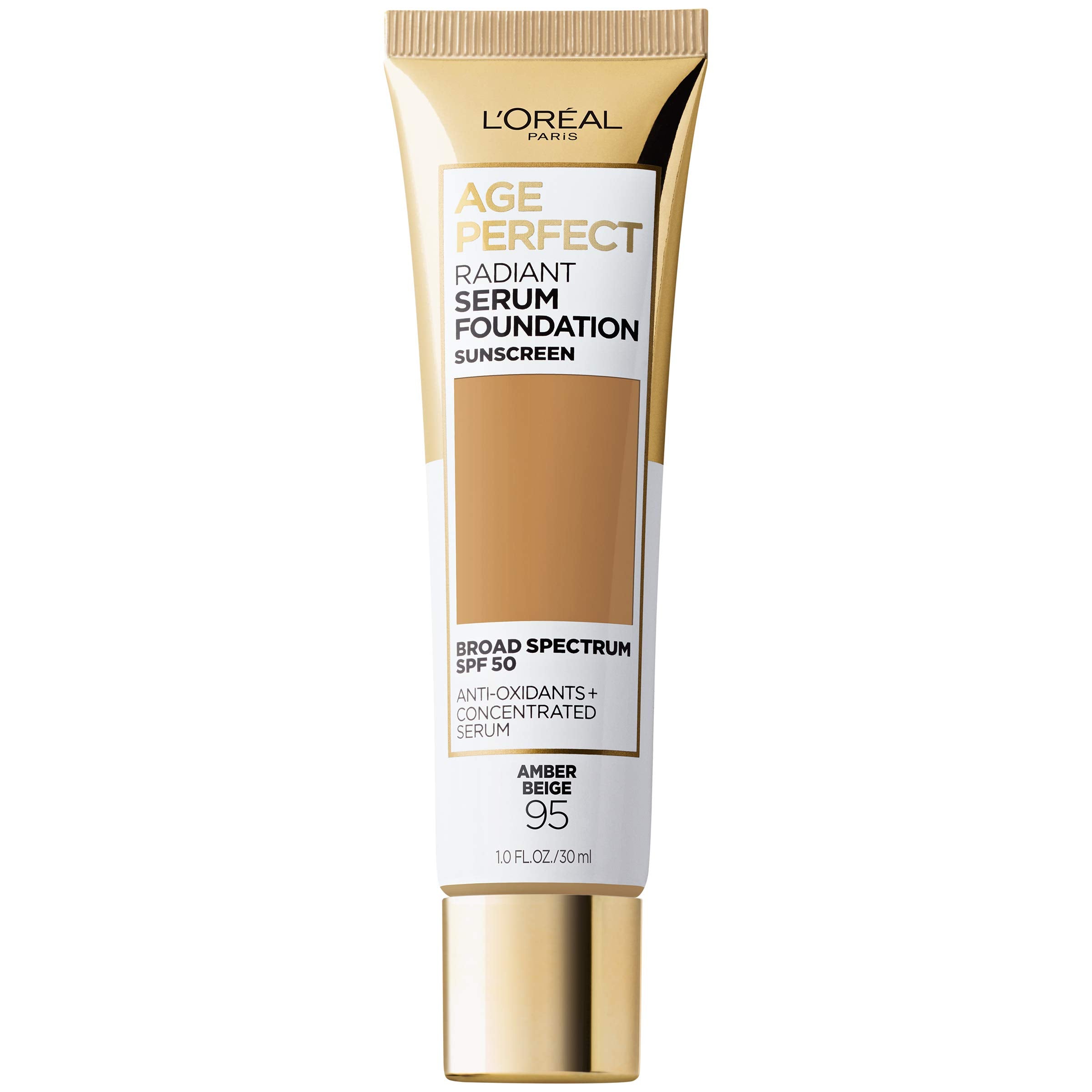 L'Oreal Paris Age Perfect Radiant Serum Foundation Amber Beige bottle provides lightweight, hydrating coverage