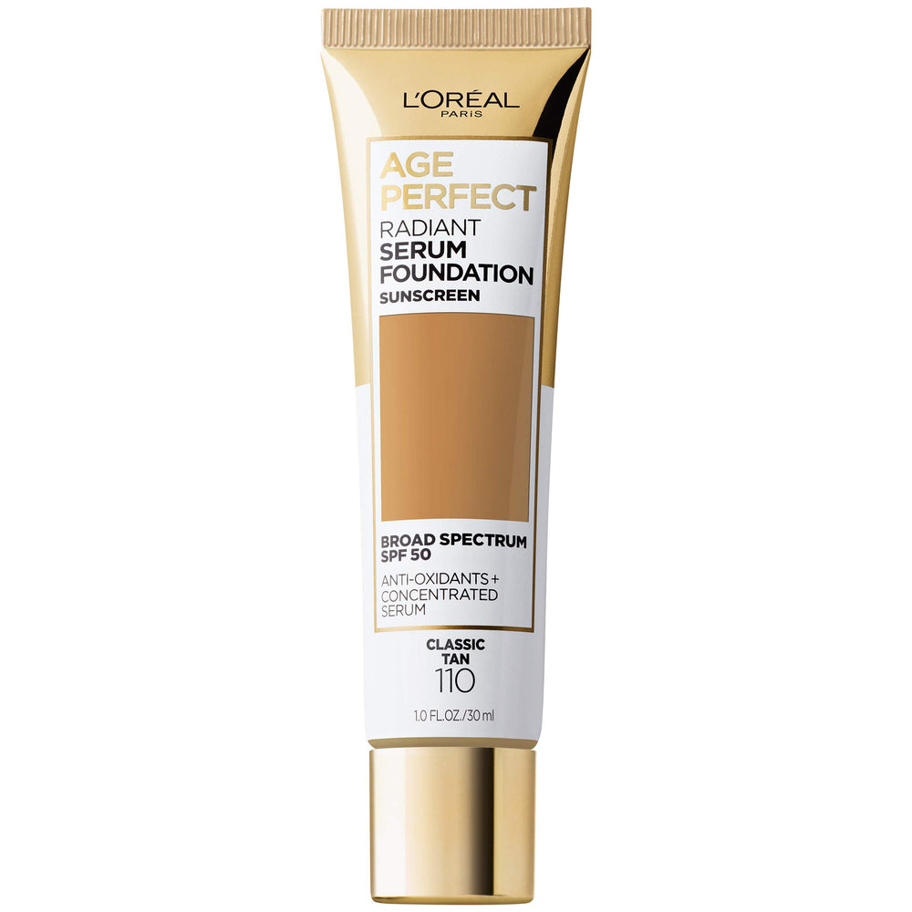 L'Oreal Paris Age Perfect Radiant Serum Foundation Classic Tan bottle delivers smooth, even coverage.
