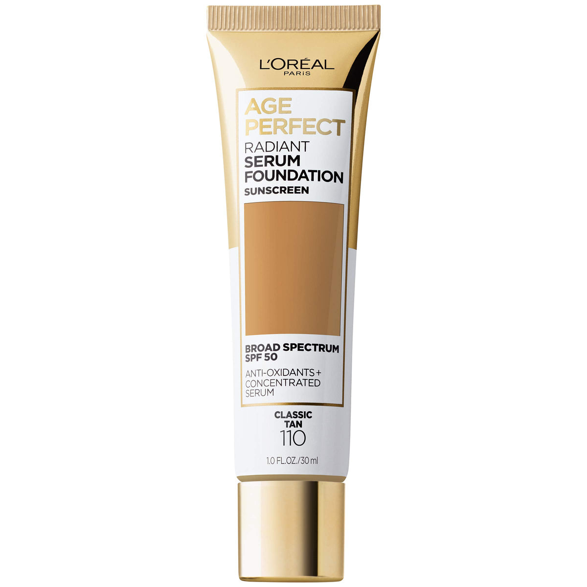 L'Oreal Paris Age Perfect Radiant Serum Foundation Classic Tan bottle delivers smooth, even coverage.