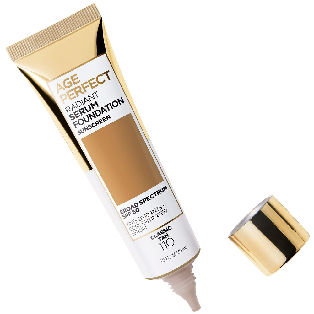 L'Oreal Paris Age Perfect Radiant Serum Foundation Classic Tan swatch shows natural radiance.