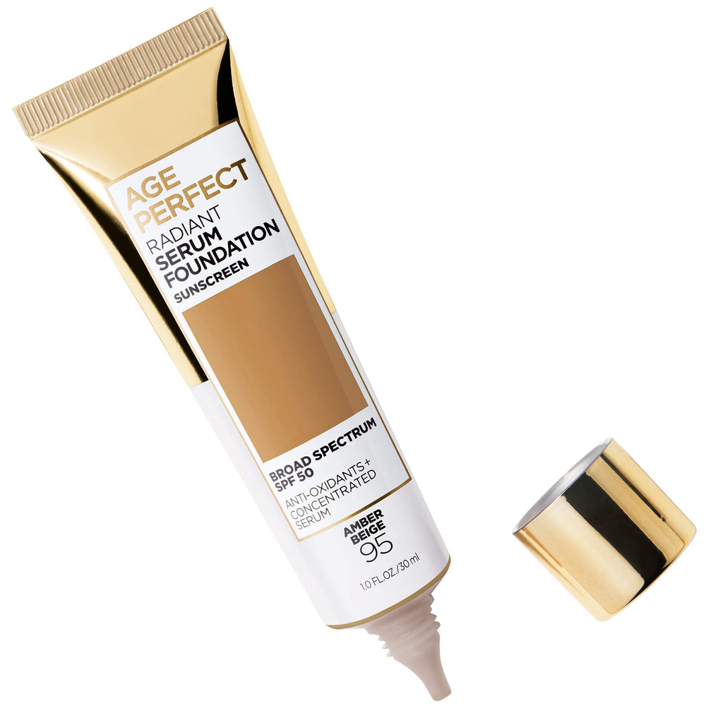 L'Oreal Paris Age Perfect Radiant Serum Foundation SPF 50 label highlights sun protection for daytime wear