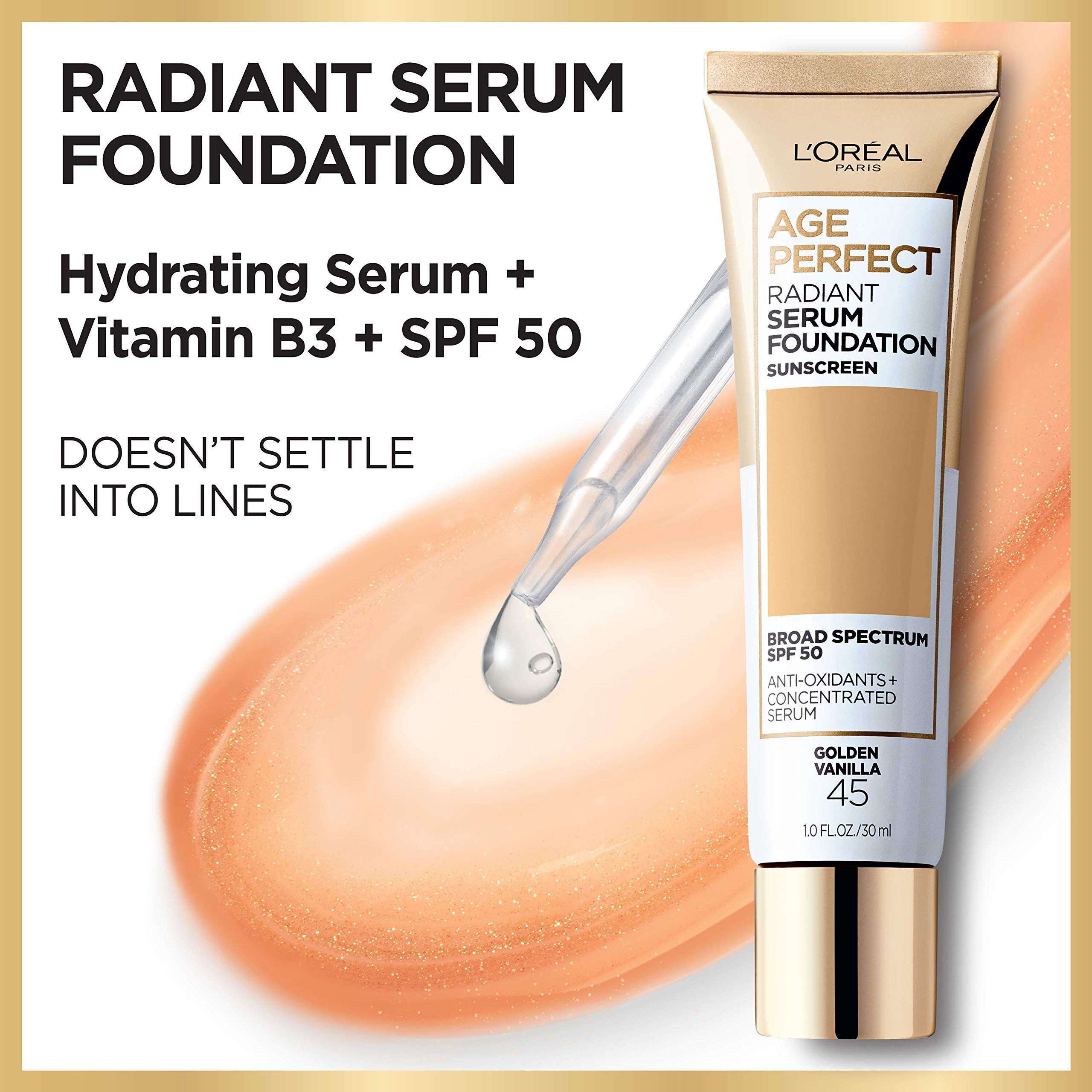L'Oreal Paris Age Perfect Radiant Serum Foundation swatch Amber Beige shows natural tone match