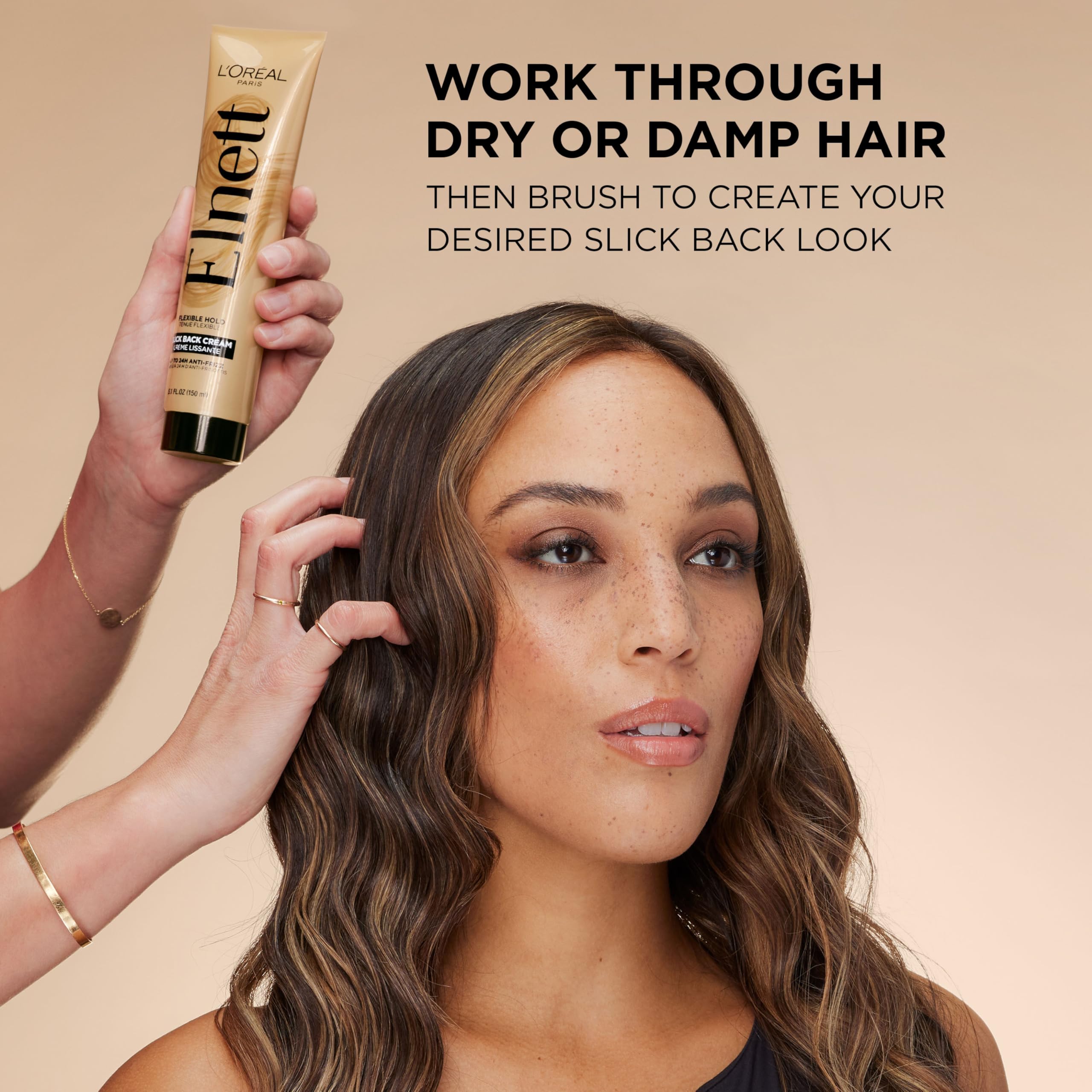 Visual of 24-hour brushable hold with Elnett Slick Back and no residue.