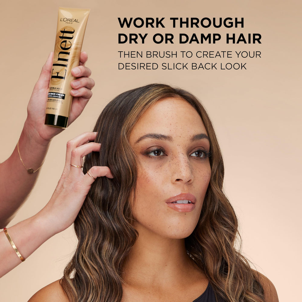 Visual of 24-hour brushable hold with Elnett Slick Back and no residue.