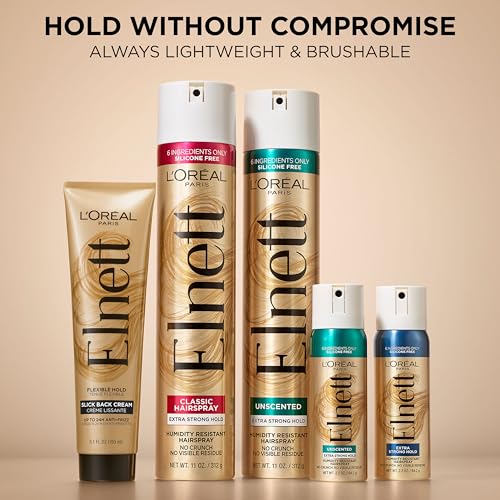Frizz control and shine achieved with Elnett Slick Back styling cream.