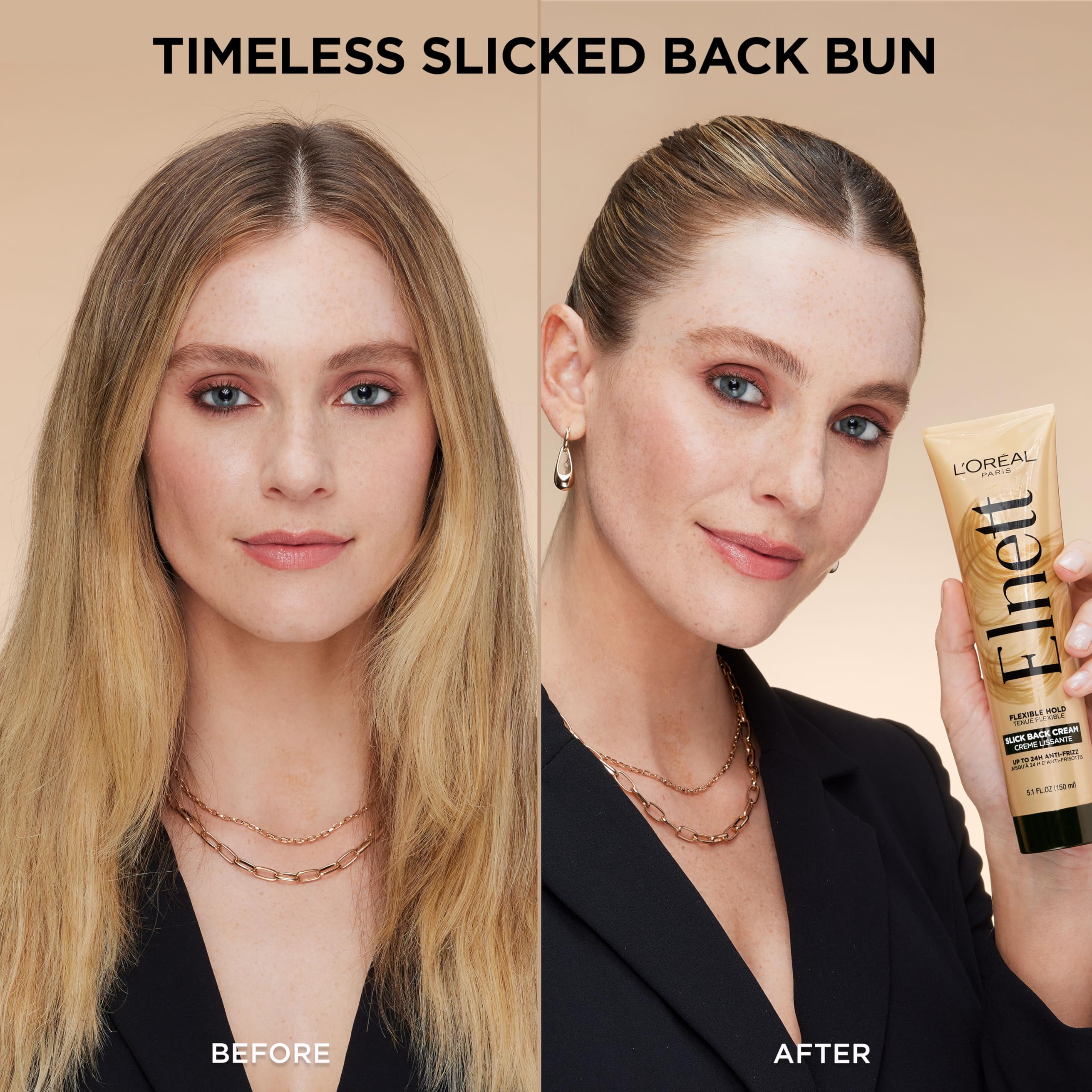 Close-up of glossy strands after applying Elnett Slick Back styling cream.
