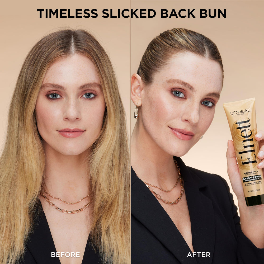 Close-up of glossy strands after applying Elnett Slick Back styling cream.