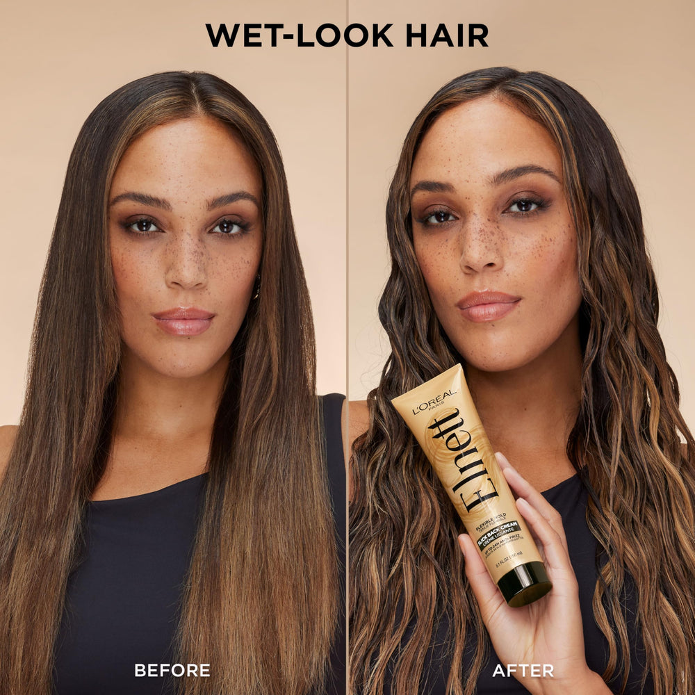 Precise application of Elnett Slick Back for a refined slick-back silhouette.
