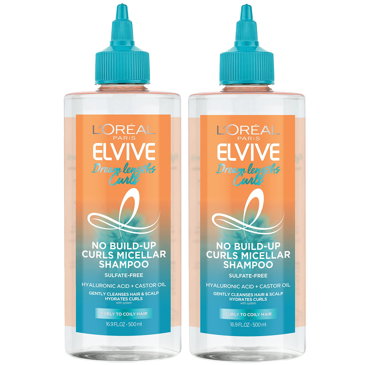 L'Oreal Paris Elvive Dream Lengths Curls micellar shampoo bottle pouring for gentle cleansing