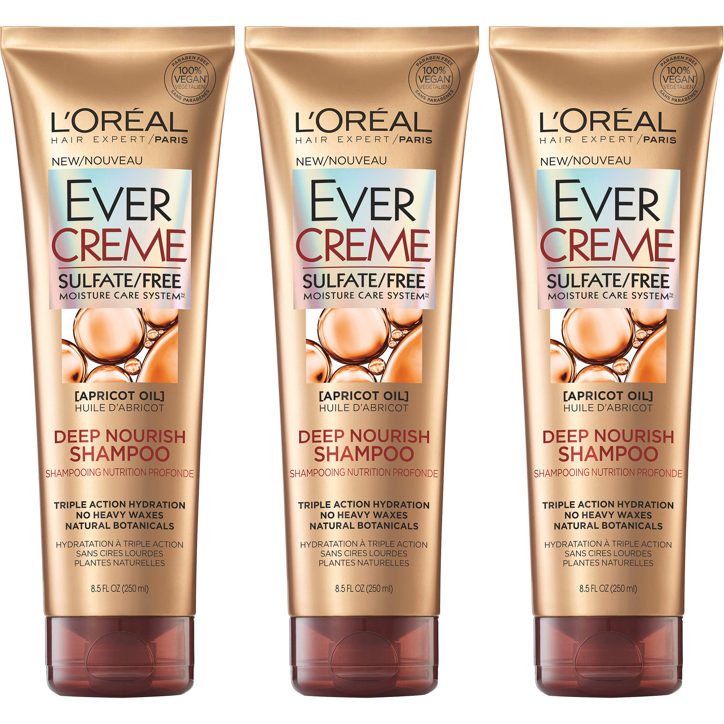 L'Oreal Paris EverCreme Deep Nourish Shampoo pour shows silky hydration for dry hair.