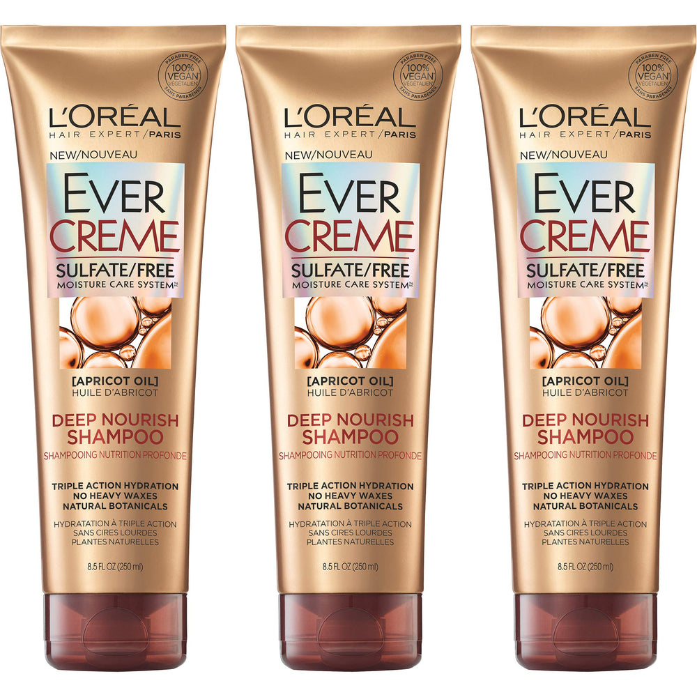 L'Oreal Paris EverCreme Deep Nourish Shampoo pour shows silky hydration for dry hair.