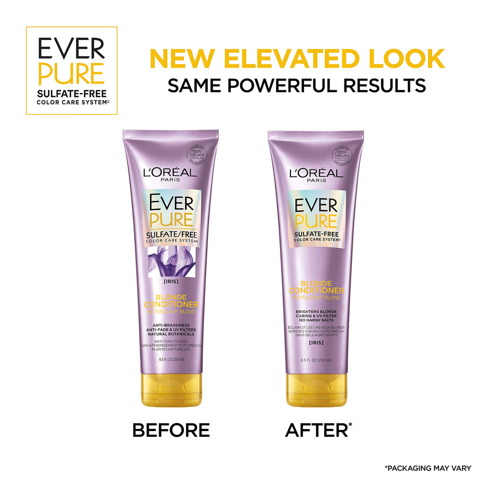 L'Oreal Paris EverPure Blonde System pairing; shampoo and conditioner balance blonde care.