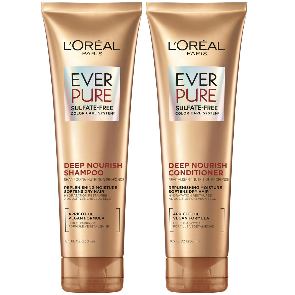 L'Oreal Paris EverPure shampoo bottle with apricot oil for gentle, color-safe cleansing.
