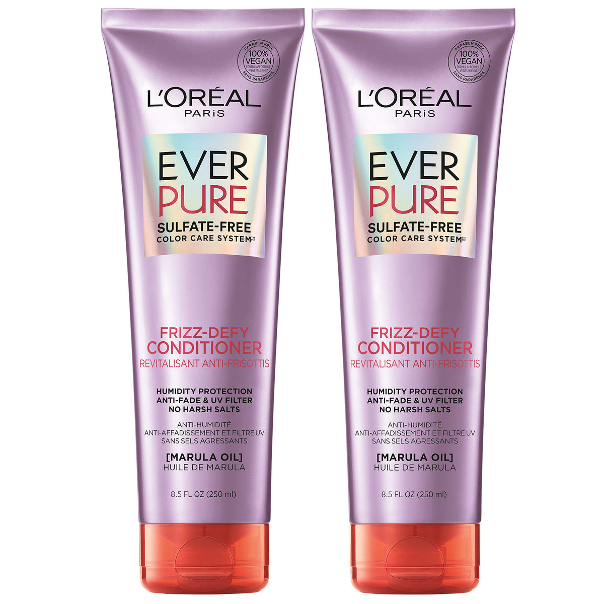 L'Oreal Paris EverPure Frizz-Defy bottle with marula oil for color-safe frizz control.