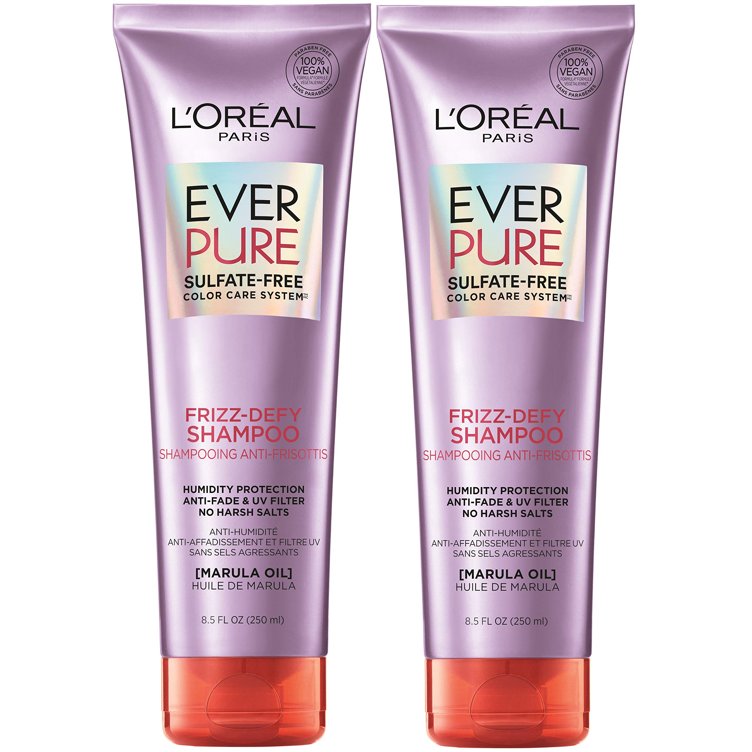 L’Oréal Paris EverPure frizz-defy shampoo bottle with marula oil for humidity protection.