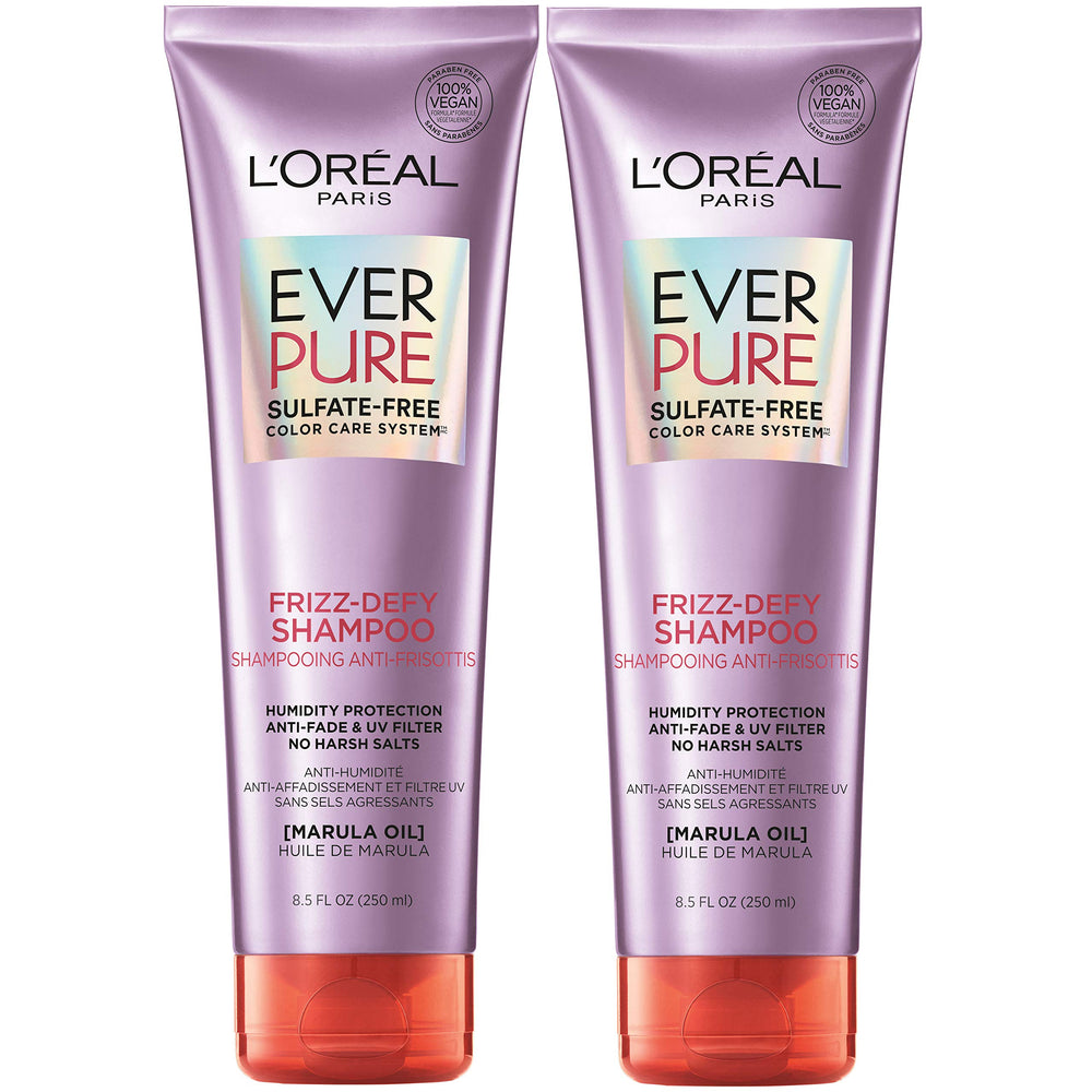 L’Oréal Paris EverPure frizz-defy shampoo bottle with marula oil for humidity protection.