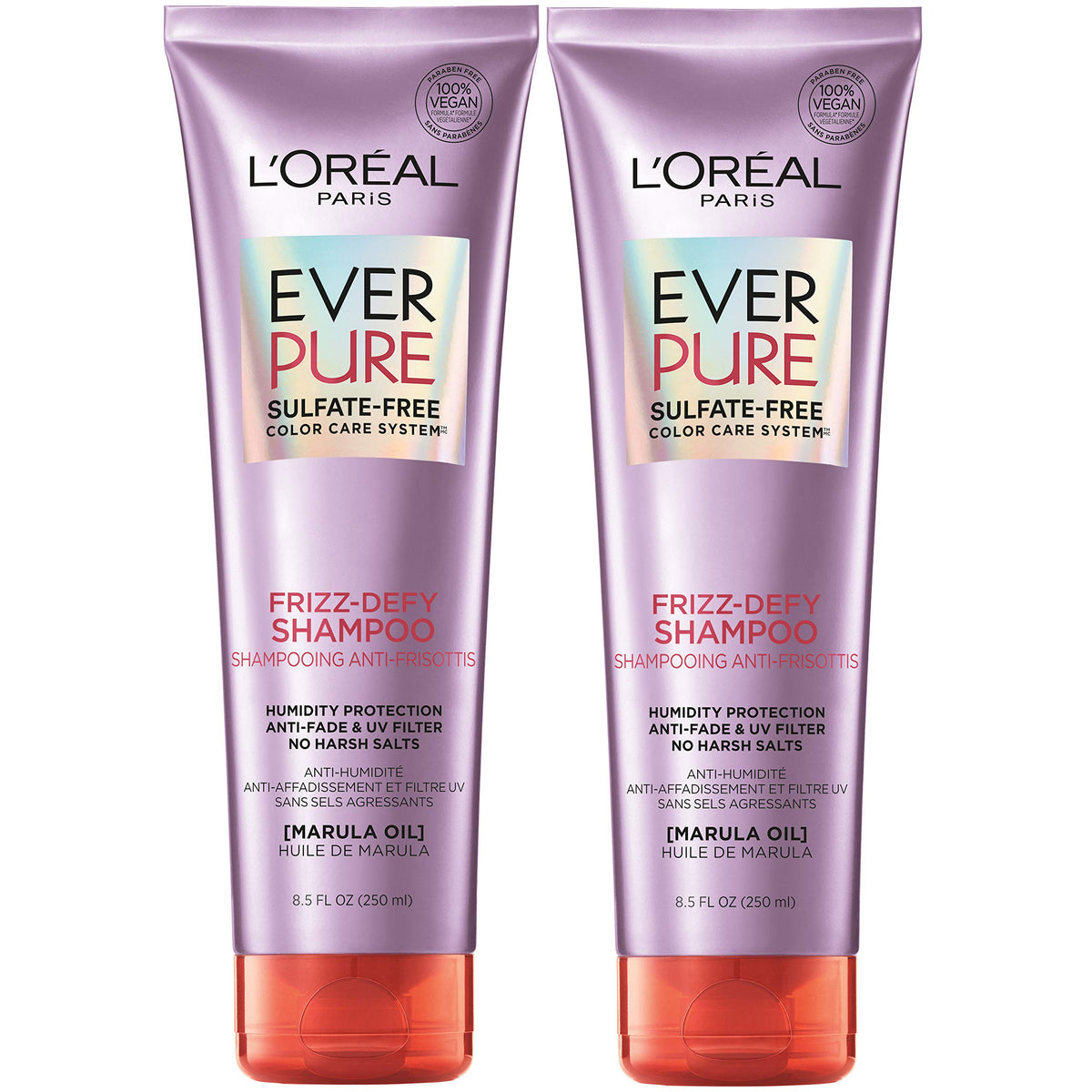 L’Oréal Paris EverPure frizz-defy shampoo bottle with marula oil for humidity protection.