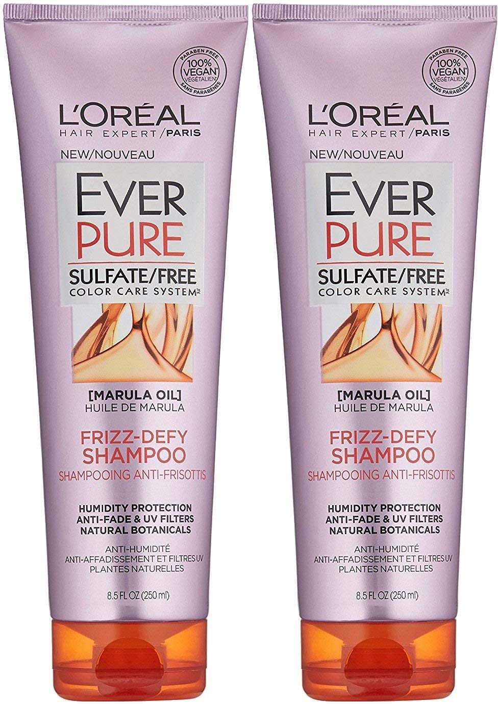 L'Oreal Paris EverPure Frizz-Defy Shampoo bottle shows color-safe, sulfate-free care
