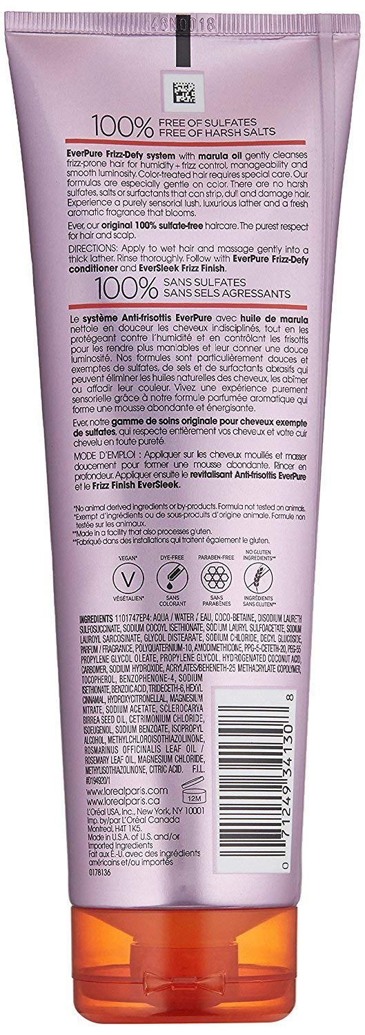 L'Oreal Paris EverPure Frizz-Defy packaging highlights anti-fade and humidity-control formula