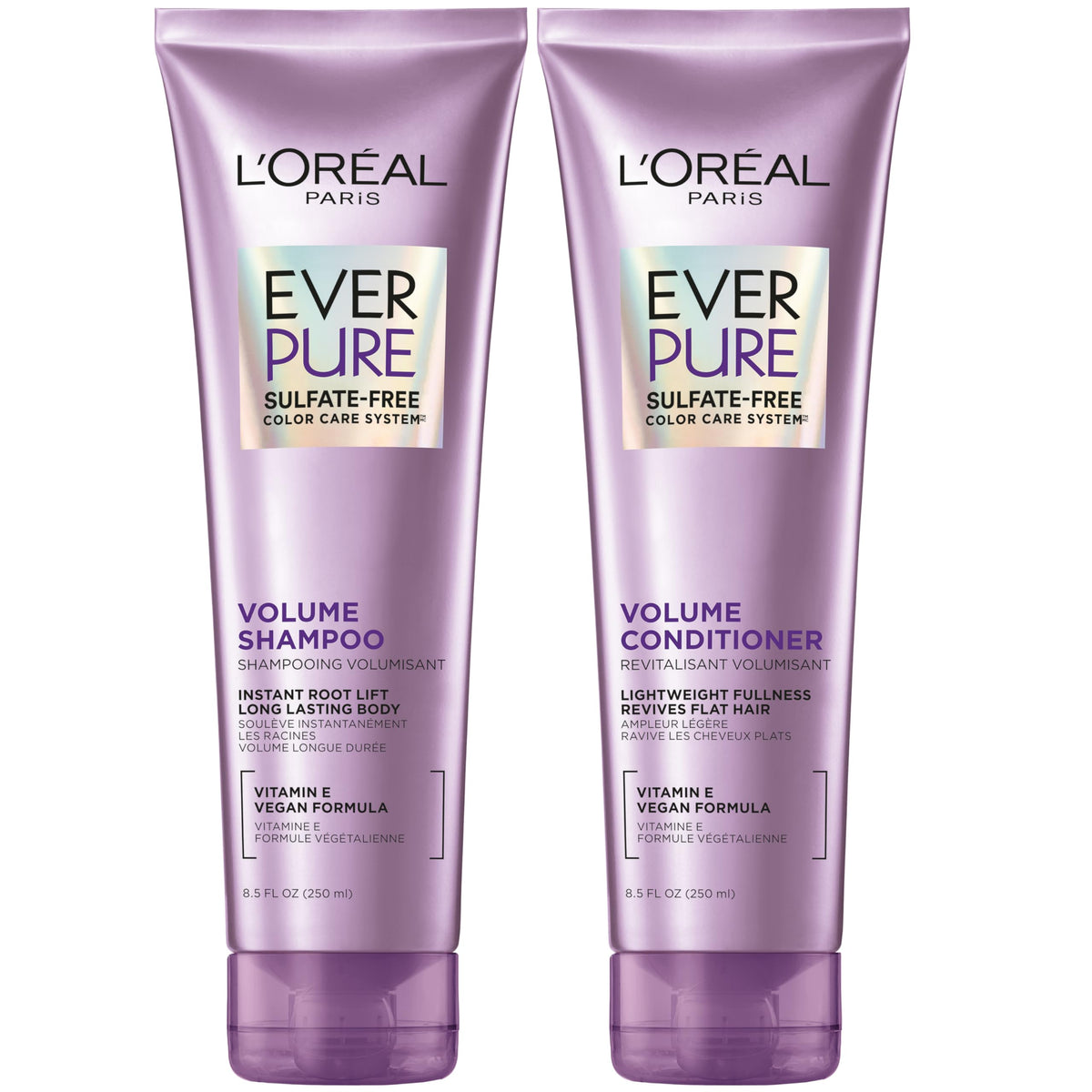L’Oréal Paris EverPure Volume Shampoo bottle adds lift to fine hair.