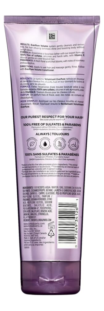 L'Oreal Paris EverPure Volume shampoo rich lather enhances shine on color-treated hair.