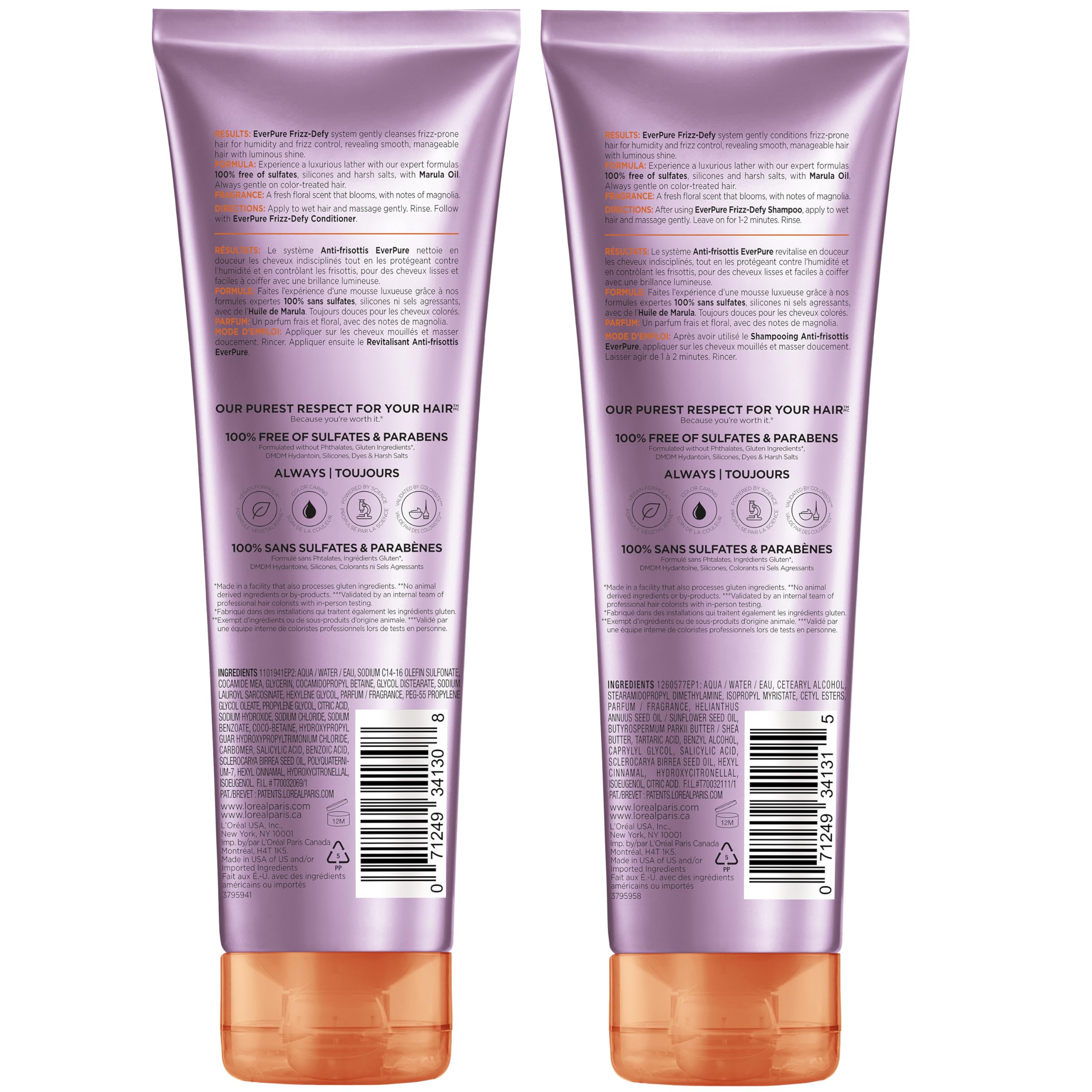 L'Oreal Paris Frizz Defy duo sits near color swatches.