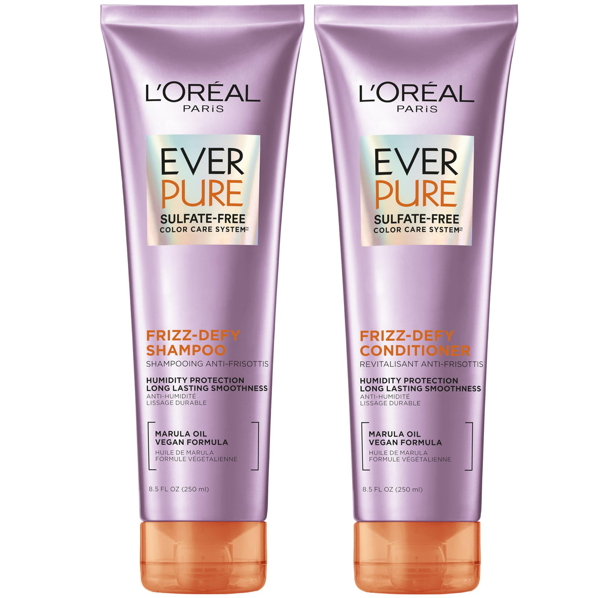 L'Oreal Paris Frizz Defy Shampoo bottle highlighting color protection.