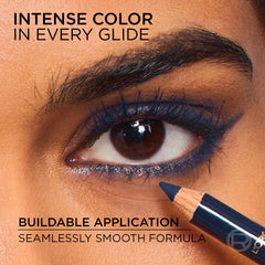 L'Oreal Paris Haute Couleur Kohl Blue Suede close-up shows rich pigment with lasting impact.