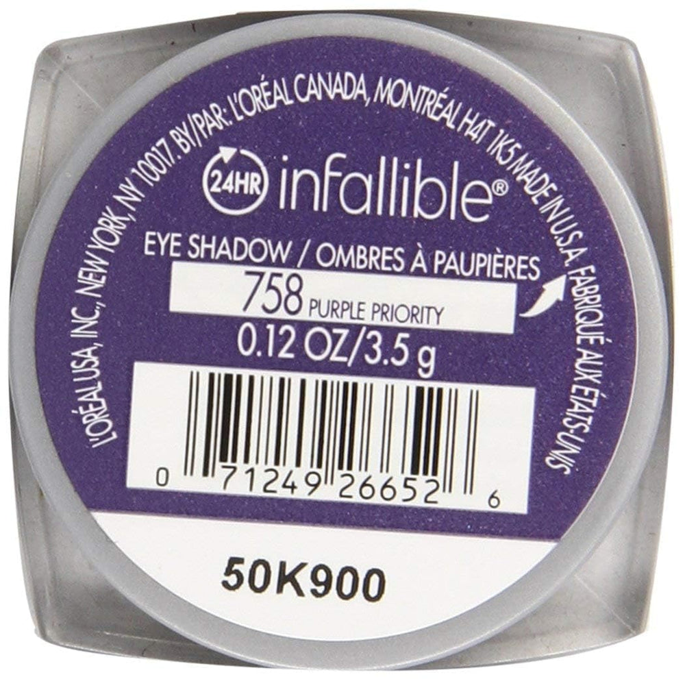 L’Oréal Paris Infallible 24HR Shadow Purple Priority wear-test image suggests all-day color.