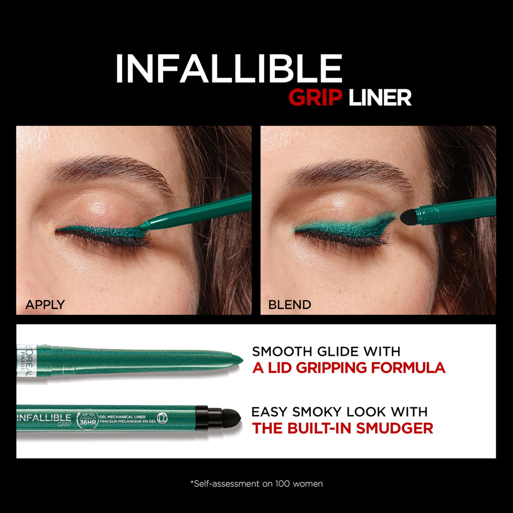 Close-up of pencil tip highlights precise, clean strokes on emerald green liner.