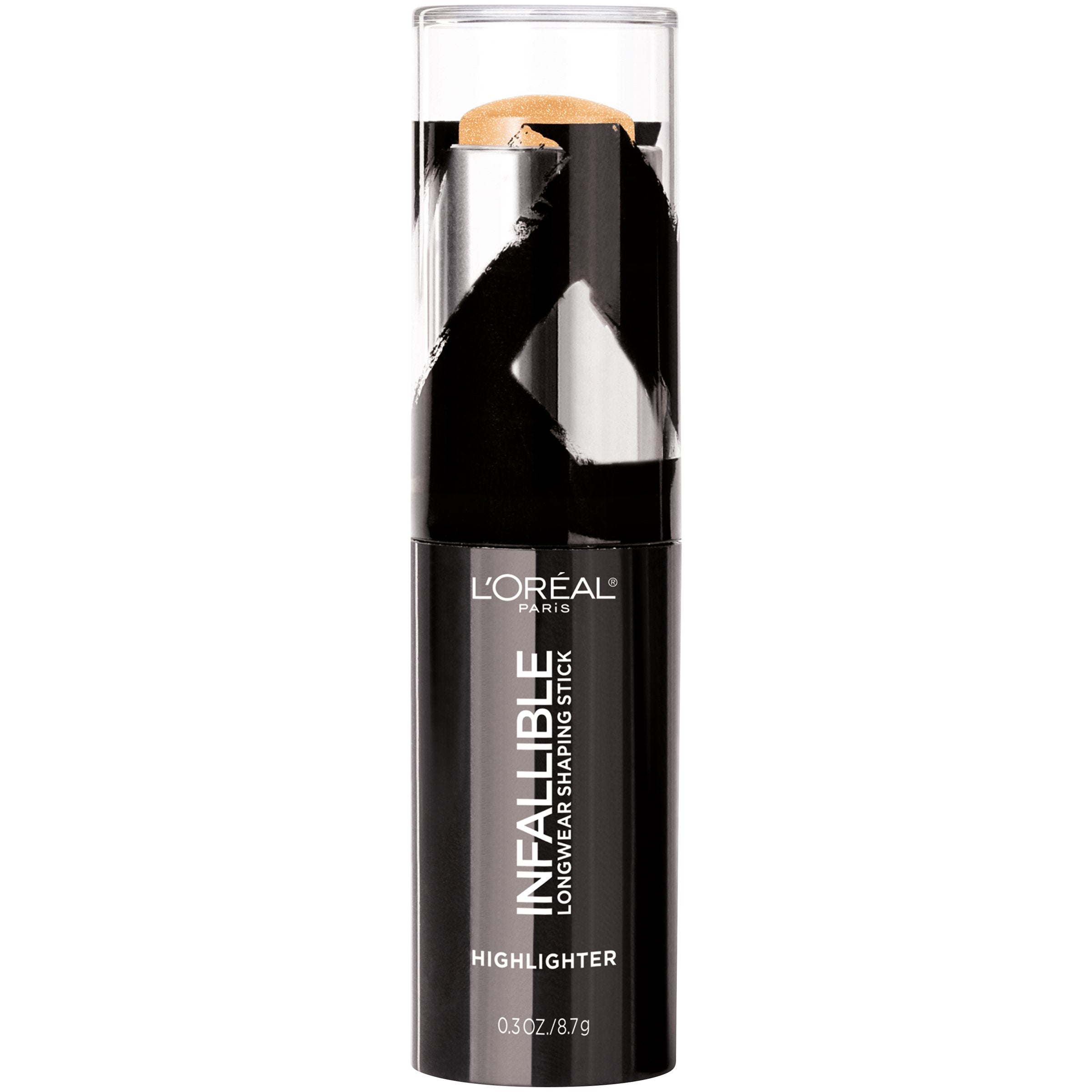 Shimmer pigments in Infallible highlighter stick brighten the complexion.
