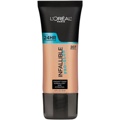 L'Oreal Paris Infallible Pro Glow Sand Beige bottle with a hydrated, radiant finish
