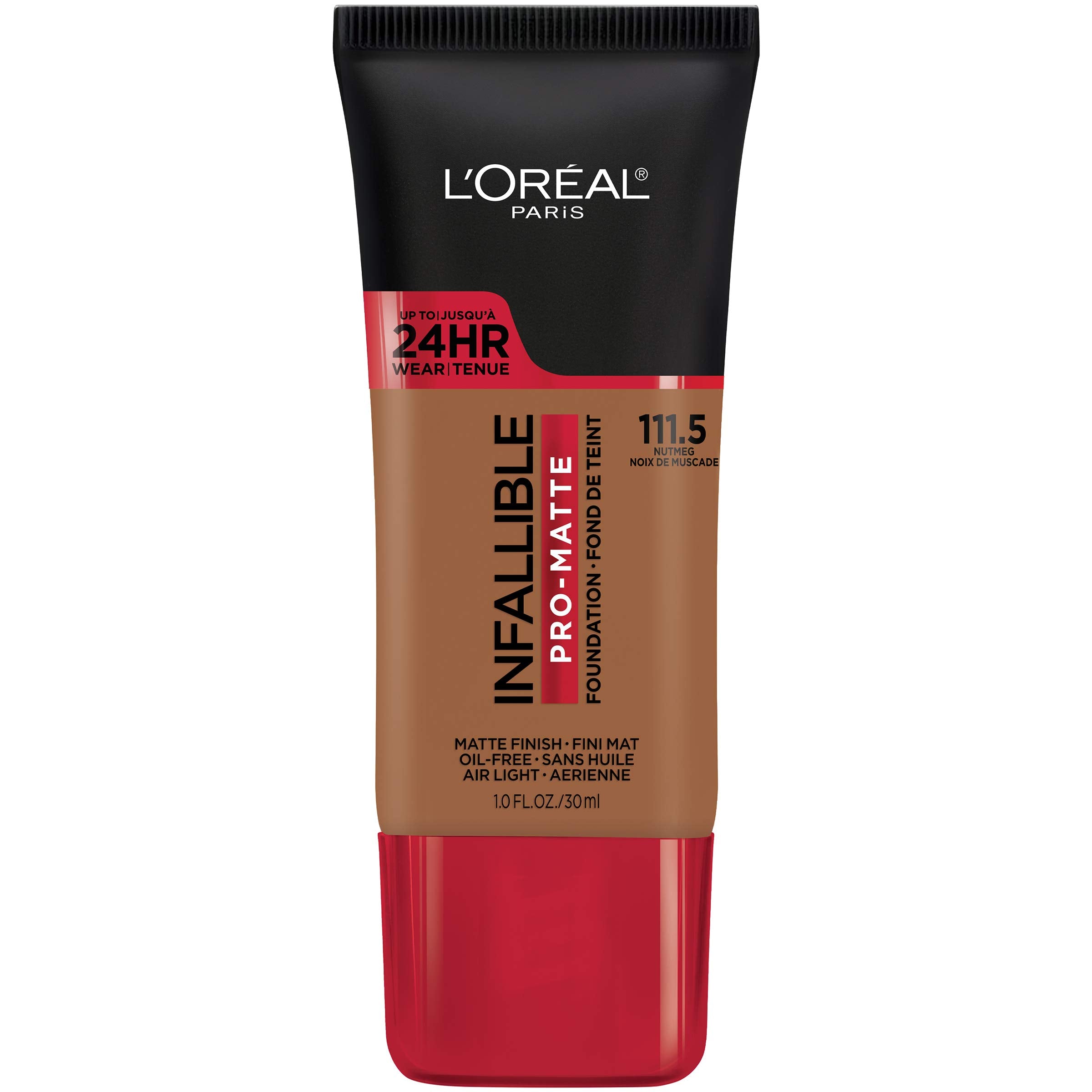 L'Oreal Paris Infallible Pro Matte Foundation Nutmeg bottle close-up showing longwear capability