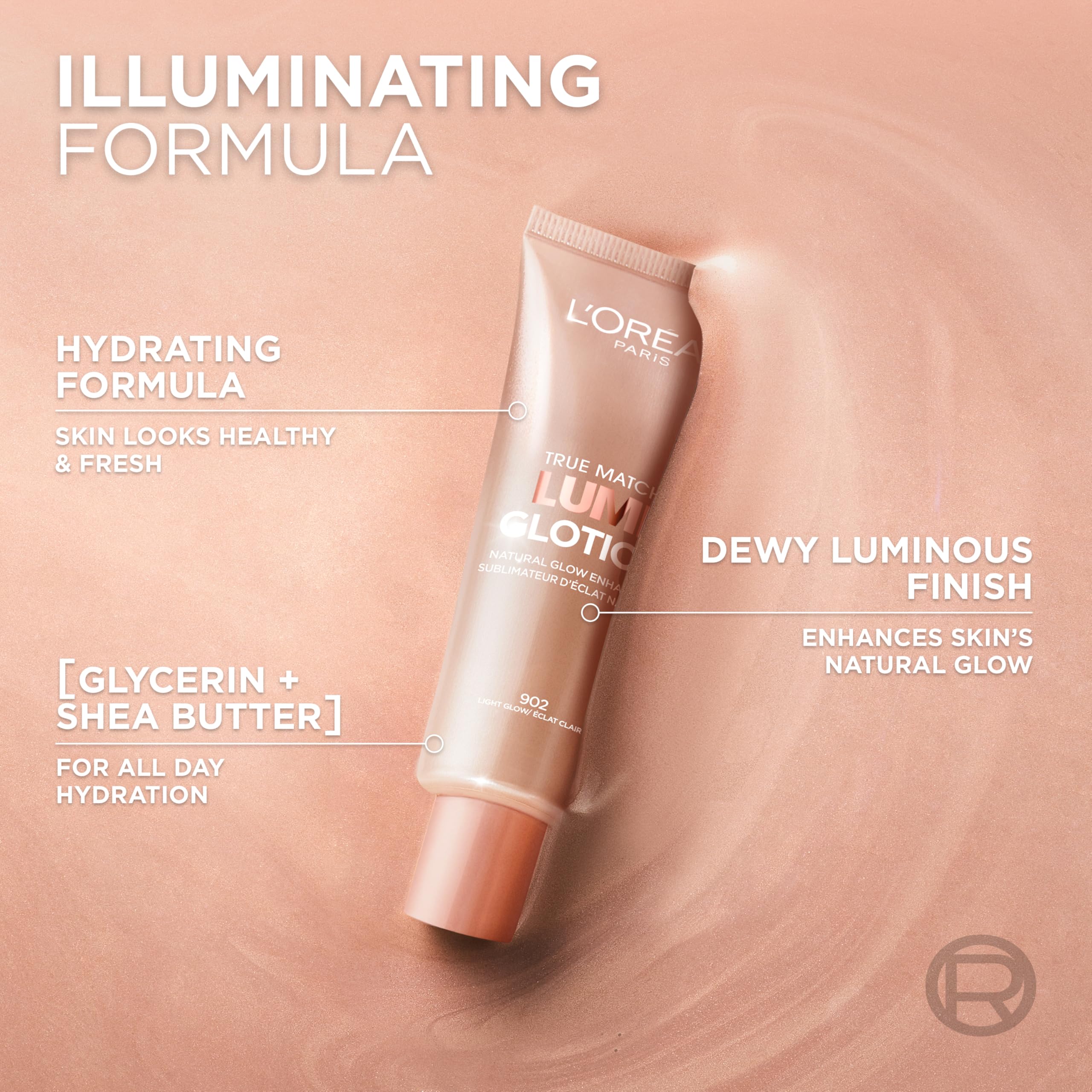 L'Oreal Paris Lumi Glotion hydrating formula with glycerin and shea butter.