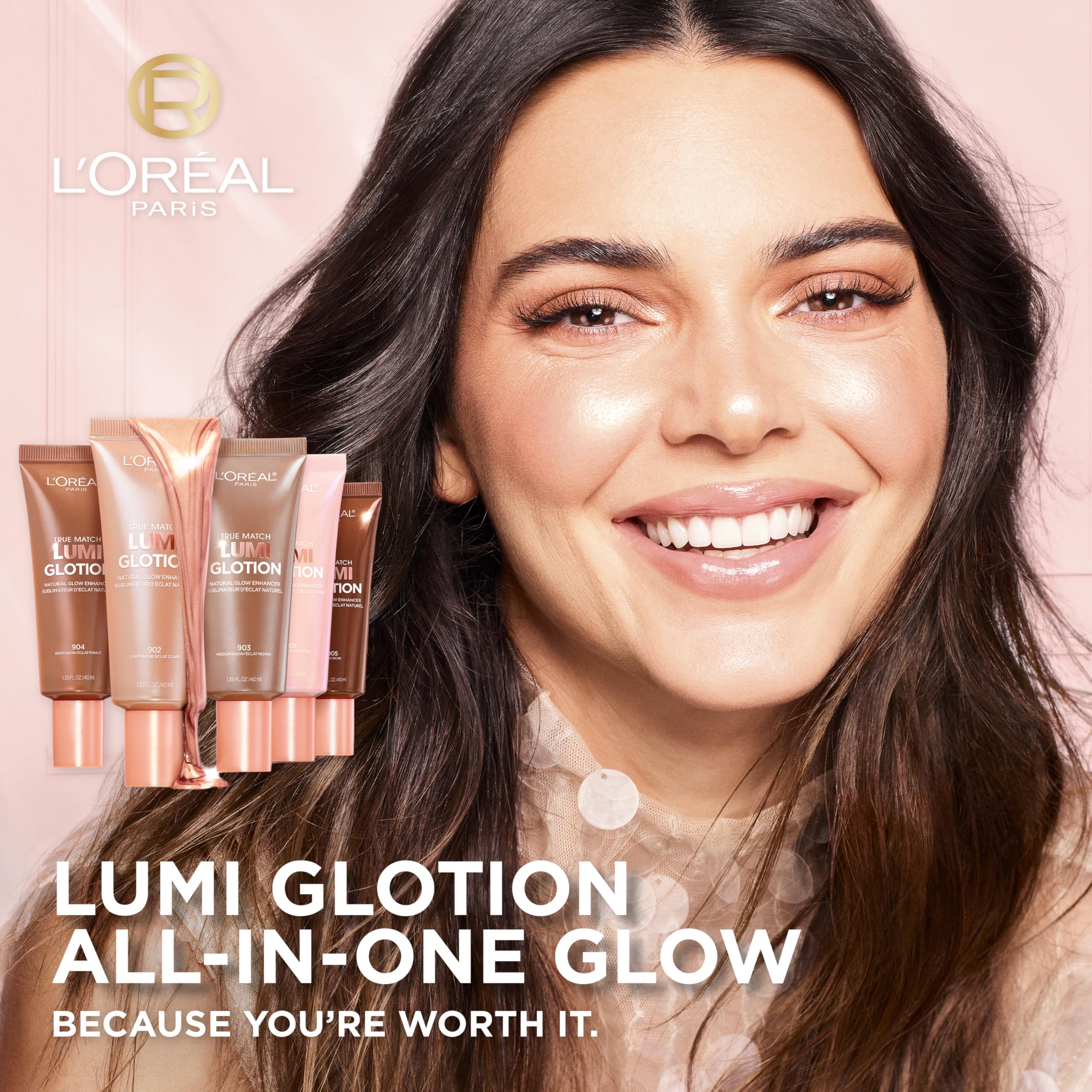 L'Oreal Paris Lumi Glotion texture swirl shows luminous, natural tint on skin.