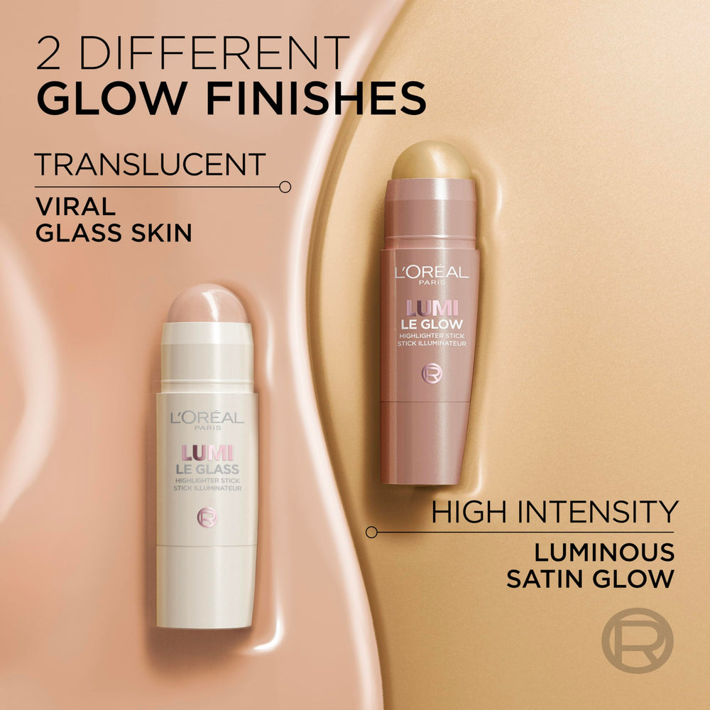 L'Oreal Paris Lumi Le Glass Highlighter Stick highlights features with reflective shine.
