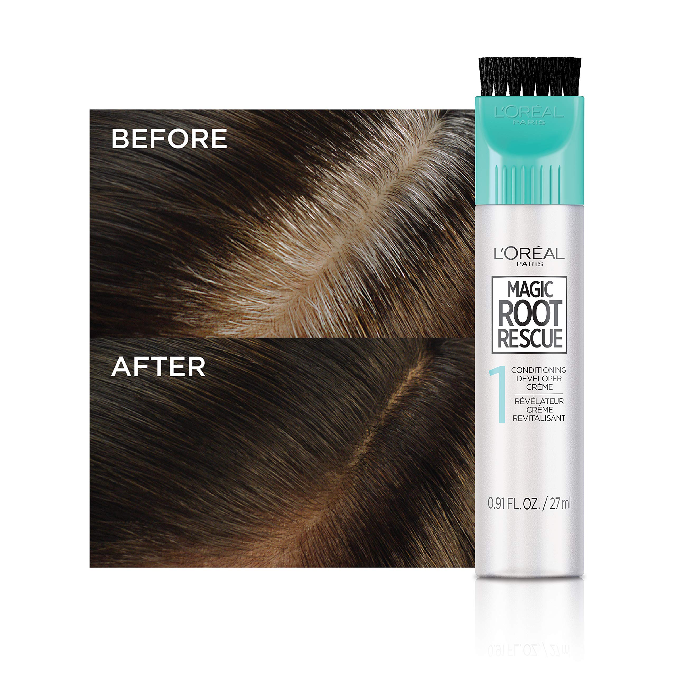 L'Oreal Paris Magic Root Rescue before-after demonstrates visible root-to-tip color improvement.