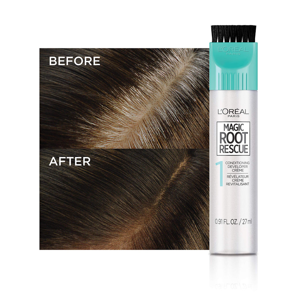 L'Oreal Paris Magic Root Rescue before-after demonstrates visible root-to-tip color improvement.