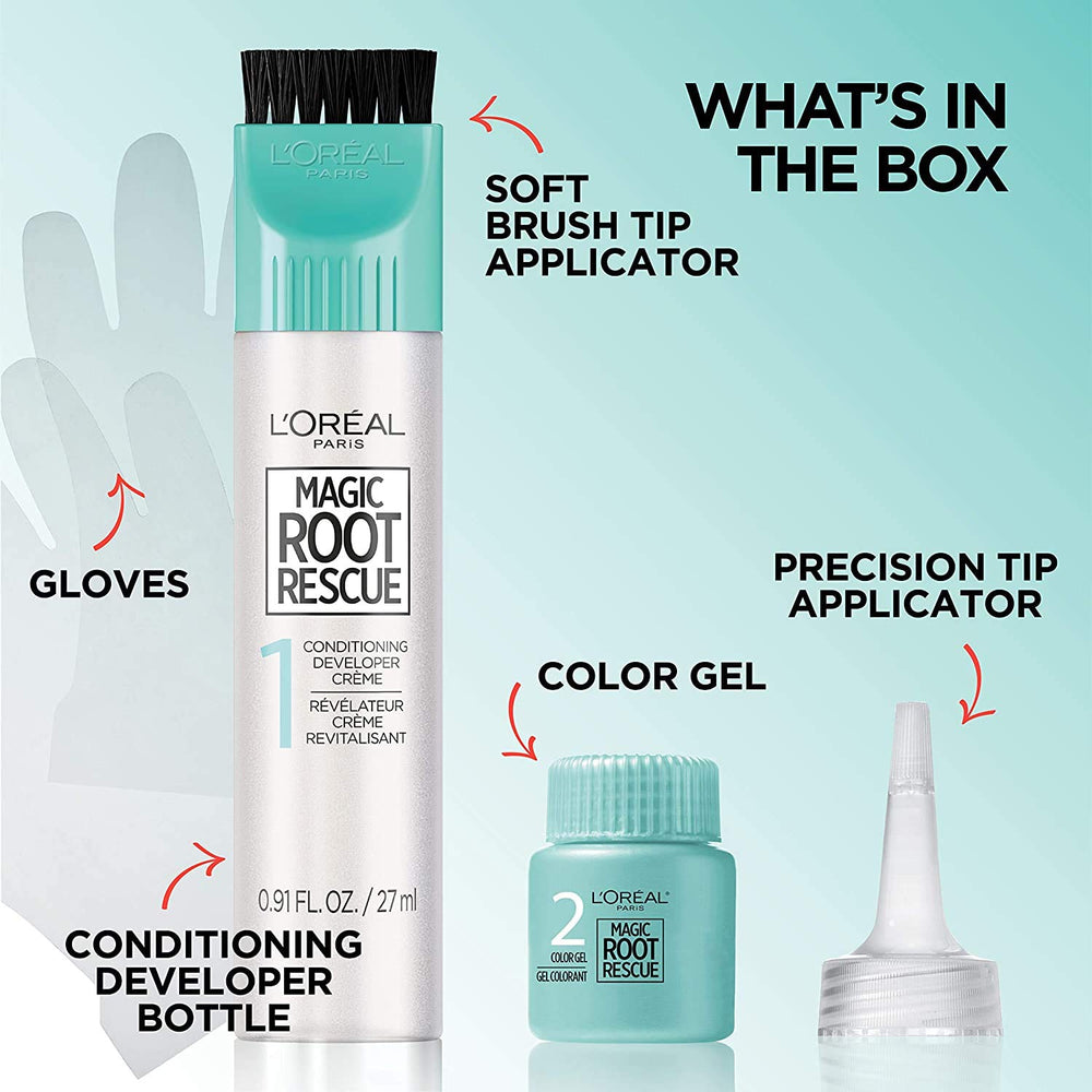 L'Oreal Paris Magic Root Rescue gray coverage close-up reveals even color on hair.