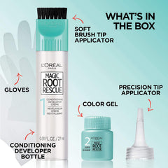 L'Oreal Paris Magic Root Rescue gray coverage close-up reveals even color on hair.